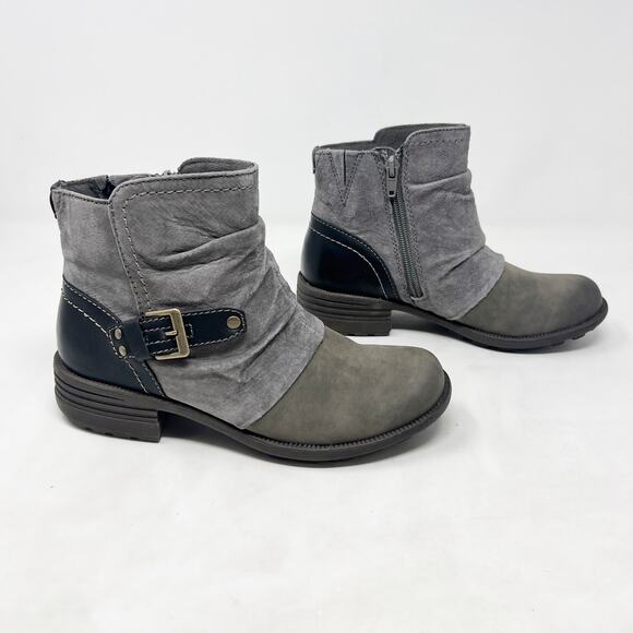 [Earth Origins] Gray & Black Suede Leather Phoenix Zip Buckle Ankle Boots Sz 7M - Picture 1 of 11